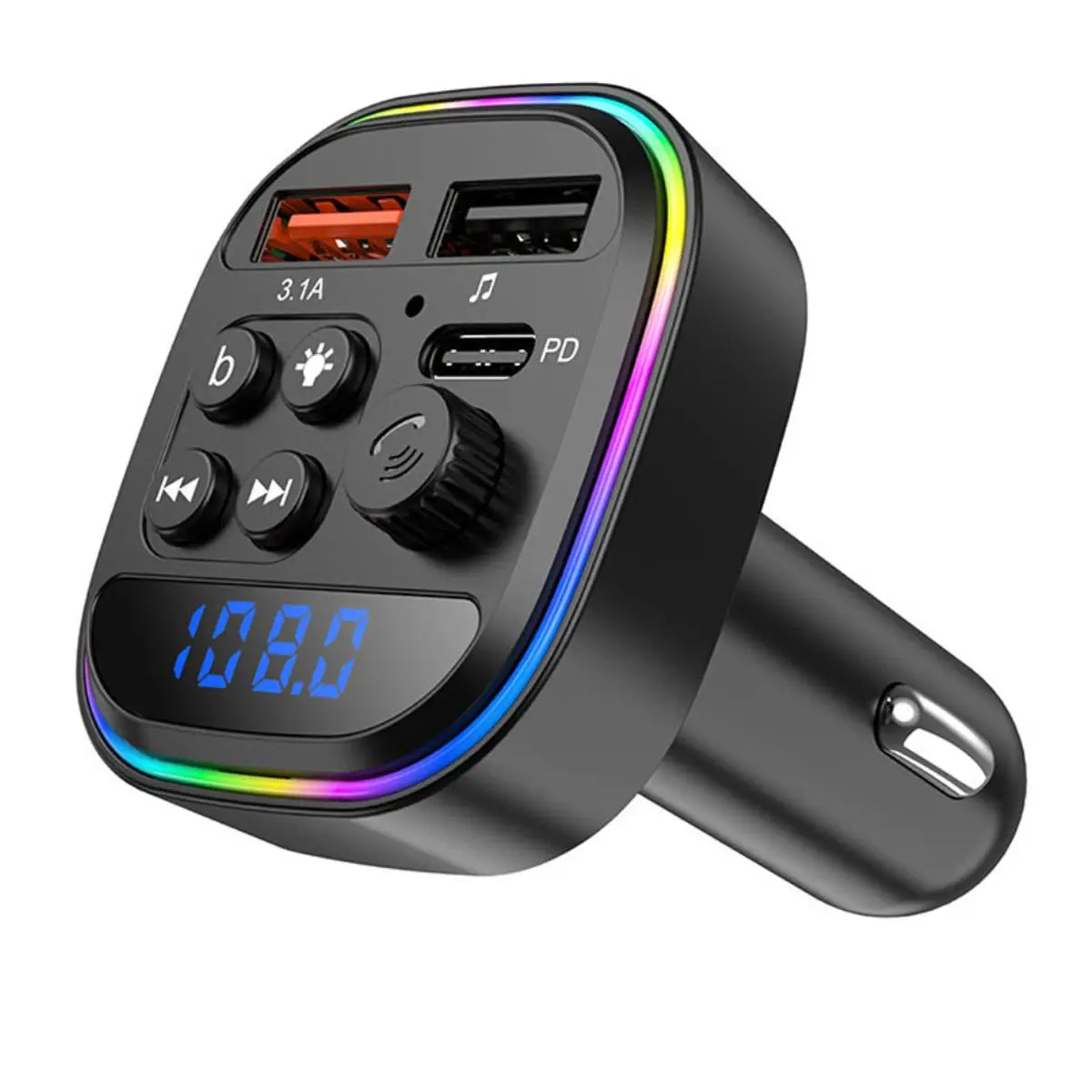 Wireless Car FM Transmitter, 1 Count Multifunctional Car Charger with Colorful Atmosphere Light, Dual USB & 1 Type-C Port Car Charger, Car Electrical