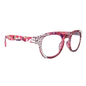 Autumn, (Bling) Reading Glasses For Women Adorned w (Clear) Genuine European Crystals,  Round Frame (Pink, Purple Floral) NY Fifth Avenue Lightweight