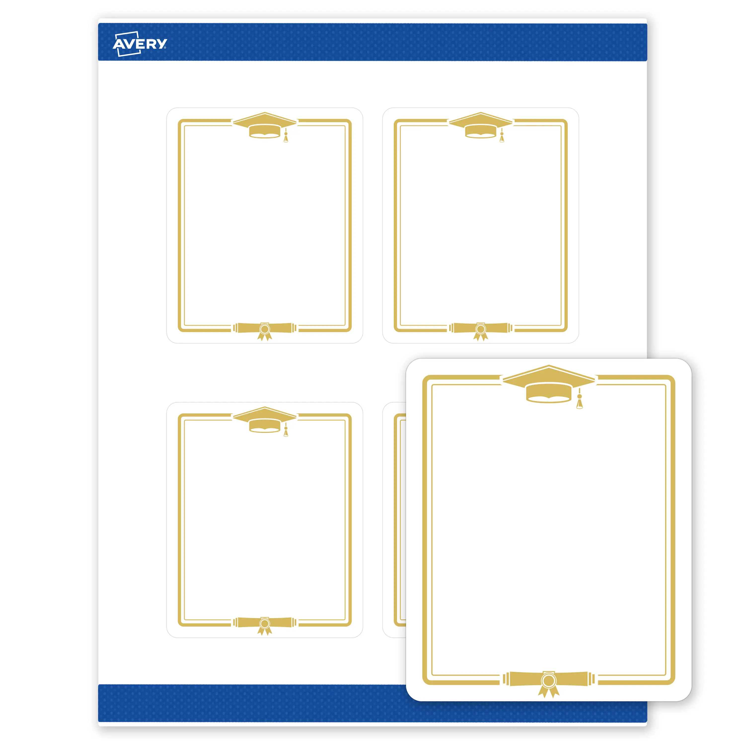 Avery® Printable Rectangle Labels, 4" x 3-1/3", Matte White, Sure Feed® Technology, Pre-printed Gold Graduation Cap Design Great for Grad Parties, Laser & Inkjet Compatible, 40 Total