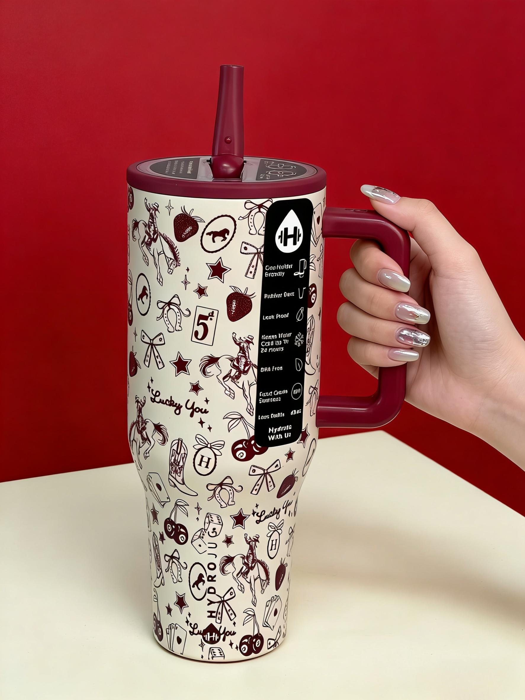 Hydroju Lucky You 40oz Insulated  with Handle, Retro Cowboy Print Stainless Steel Travel Cup, Leakproof Lid, Reusable Iced Coffee  for Women Men, Ideal for Outdoor & Everyday Use can gym school tumbler Set of Glass Jars Mug and Coaster travel coffee chair