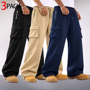 3-Pack Men’s Cargo Pants – Wide Leg, Drawstring, Multiple Pockets; Streetwear Utility Pants with a Loose Straight Fit, Zipper Pocket, and Large Flap Cargo Pockets; suitable for casual commuting, outdoor wear, and relaxed everyday outfits.