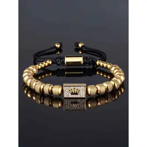 Vintage Stainless Steel Beaded Zircon Crown Handwoven Bracelet, Casual Versatile Men's Trendy Party Adjustable Bracelet, Beaded Bracelets, Stackable Bracelets