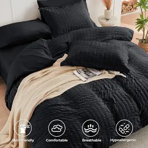 HYMOKEGE Black Queen Comforter Set Seersucker 7 Pieces, All Season Luxury Bed in a Bag for Bedroom, Bedding Set with Comforters