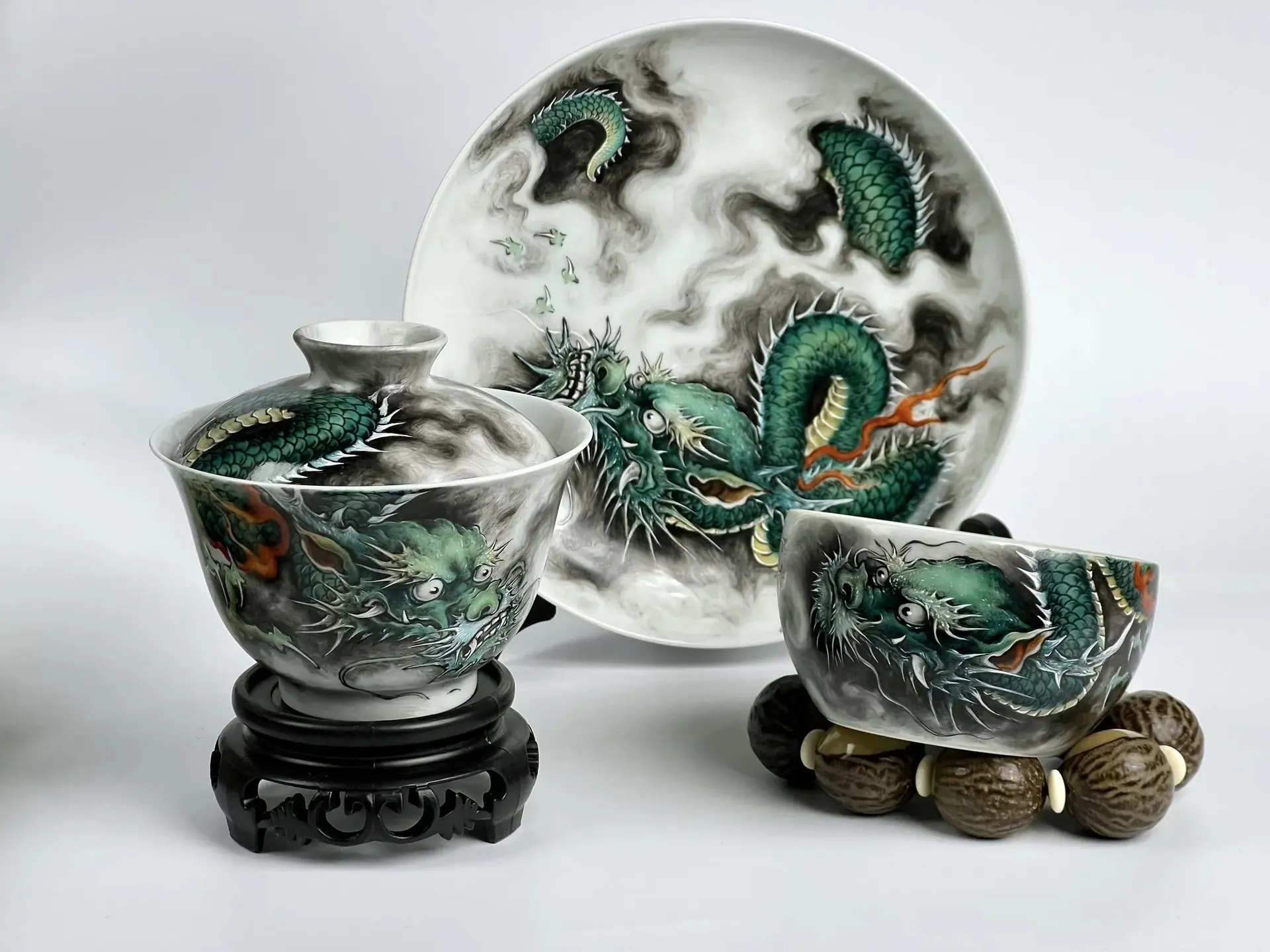 Hand Painted Green Chinese Dragon Gaiwan Tea Set, Ink Wash Porcelain Kung Fu Teaware, Traditional Oriental Dragon Pattern Lidded Bowl & Master Cup Collection