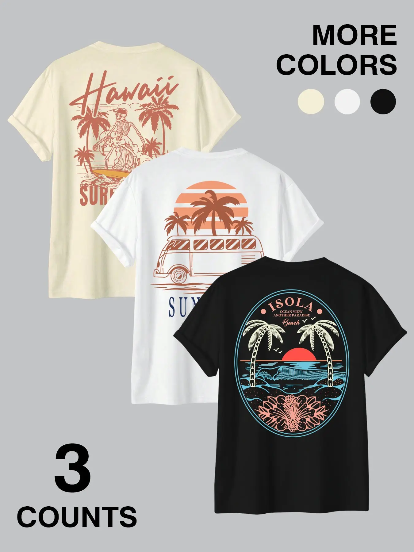 🌴🏄3 Pack Vintage Beach Graphic Short Tees Prints | Hawaii Surf & Hawaiian Tropical Summer Casual Classic Streetwear T-Shirts | Retro Van & Isola Sunset Tops