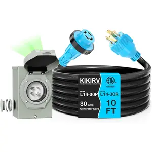 10 Feet 30 Amp Generator Cord and Power Inlet Box, Pre-Drilled NEMA L14-30P to L14-30R Generator Cord Waterproof Combo Kit, ETL Listed
