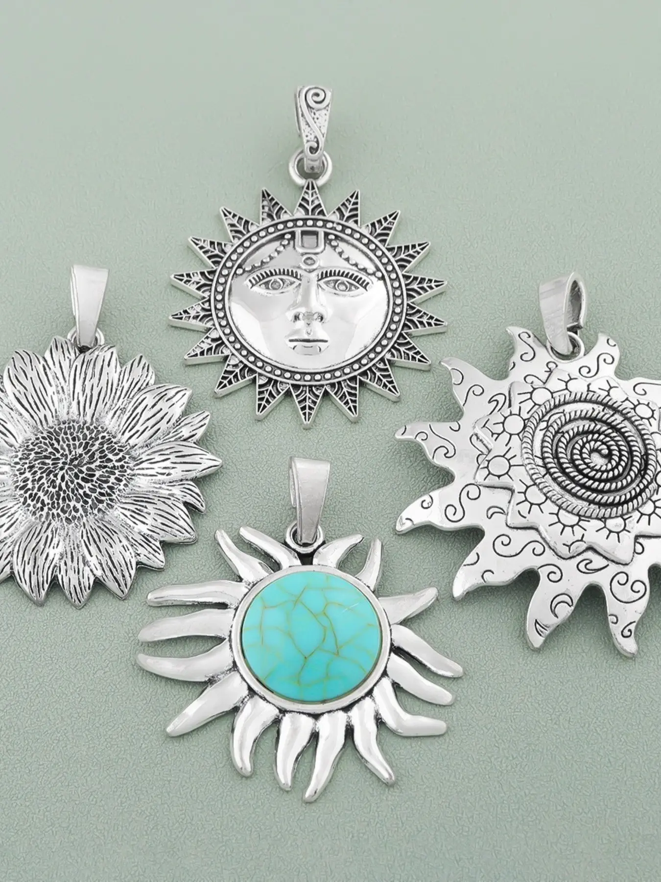 1 Piece Slivery Large Sunflower & Faux Stone Charms Pendants for Necklace Jewellery Making Accessories