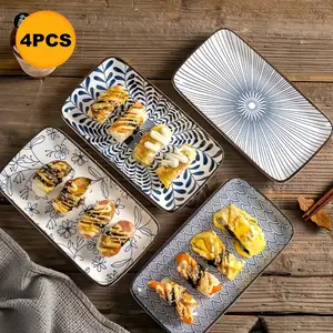 4-Piece Set Japanese Underglaze Serving Sushi Plates, Rectangular Bento Dishes, Vintage Ceramic Mealware, Traditional Tableware, Creative Design