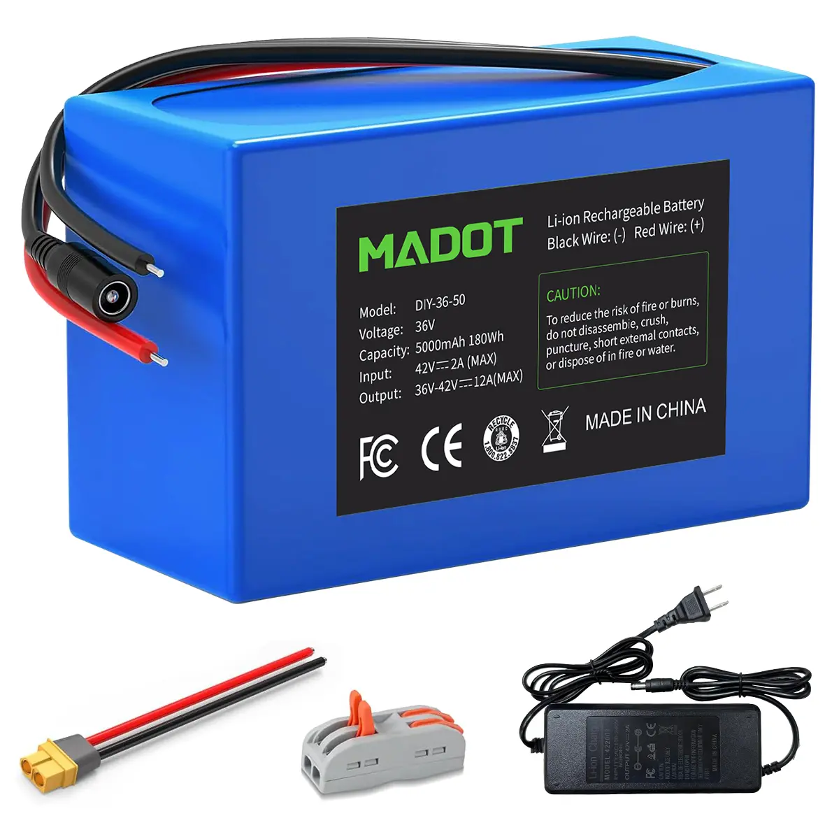 MADOT 36V 5000mAh Lithium Battery with Fast Charger, Rechargeable Battery Pack Compatible with 36 Volt Devices RC Car, LED Light Strip, DIY, CCTV Camera, Robot, Boat
