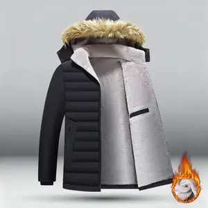 Men's Winter Jacket with Detachable Fur Collar Hooded Coat Cotton Padded Warmth Windproof Comfortable Men's Jacket Cotton Padded Coat Menswear Tops Fuzzy Sherpa Fleece Beige