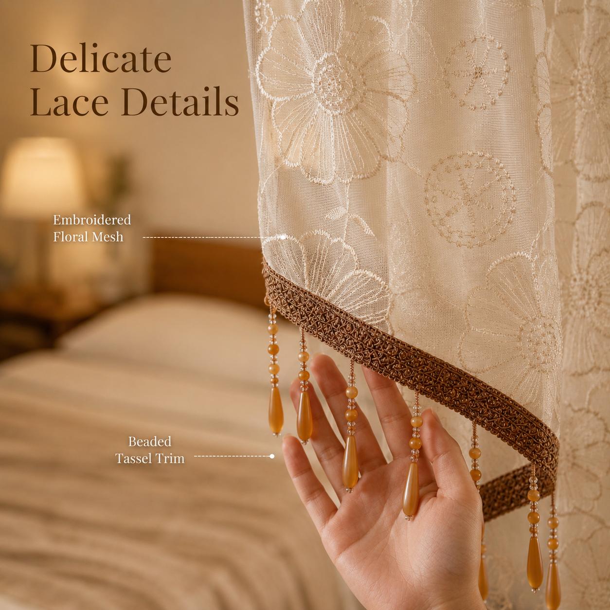 Bohemian Unisex Sheer Lace Home Decoration Curtain - Beaded Fringe Window Hanging, Light Privacy Room Divider Curtain for Bedrooms, Renters, Bead Curtains