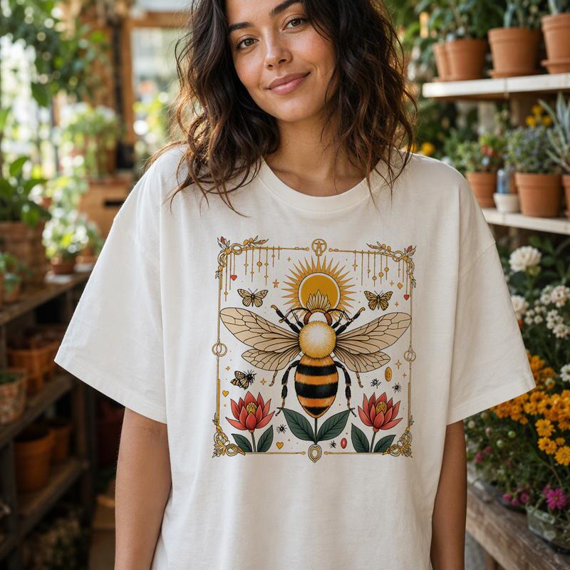 Vintage Boho Mystical Bee Women's 100% Cotton Botanical Floral Sun Graphic T-Shirt