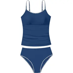 Girls Swimsuit Solid Color Tankini Contrast Trim Swimwear 2 Piece Bathing Suit Padded Swimsuits for Teens 9-16Y