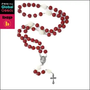 Red Bead Rosary Cross Necklace, Catholic Prayer Chain, Spiritual Religious Jewelry for Men Women