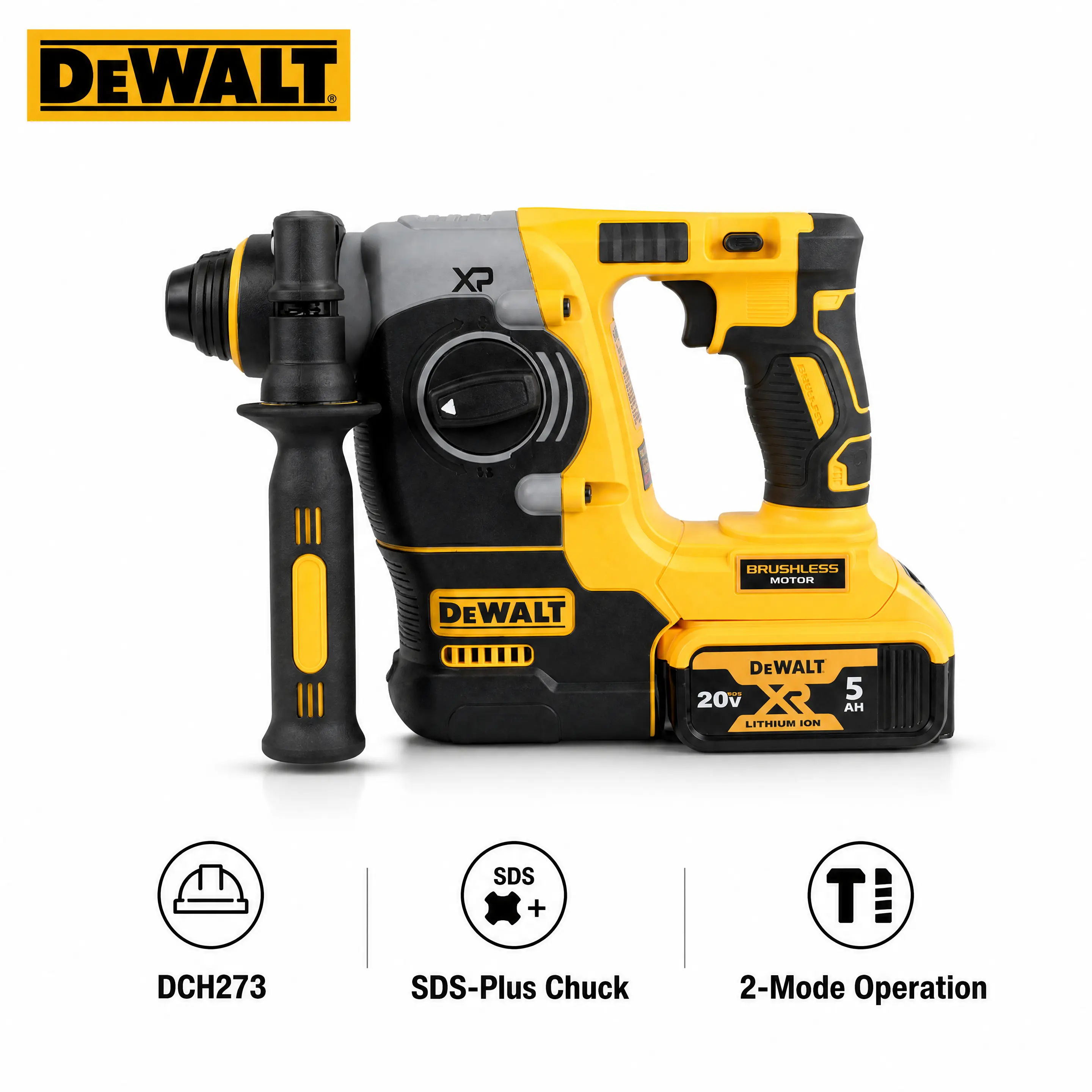 DEWALT DCH273 20V MAX Brushless SDS-Plus Rotary Hammer Drill, 2 Operation Modes 2.1J Impact Energy With SHOCKS Vibration Reduction LED Light, For Concrete Drilling, Wall Chiseling, Construction Renovation & Electrician Installation Work