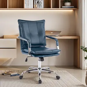Mid-Back Ergonomic Leather Office Chair, Modern Upholstered Executive Desk Chair with Gold Frame Armrest Computer Task Chair