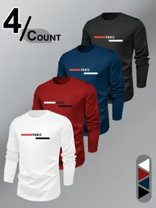Men's Paris Print Long Sleeve T-Shirt Set, Breathable Skin-Friendly Fabric, Quick-Dry, Casual All-Season Wear, Urban Style