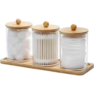 3Pcs Qtip Holder Dispenser with Bamboo Tray Round Cotton Pads Holder with Lid Cotton Swab Storage Box Bathroom Containers Set for Bathroom Makeup Storage