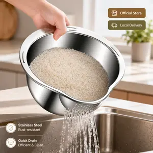 Sloped Micro-Perforated Stainless Steel Washing Bowl, for Home Kitchen Daily Food Cleaning, Fine Mesh Filter Colander, Fast Draining Durable Bowl for Rice Vegetables Fruits Beans Pasta Rinsing