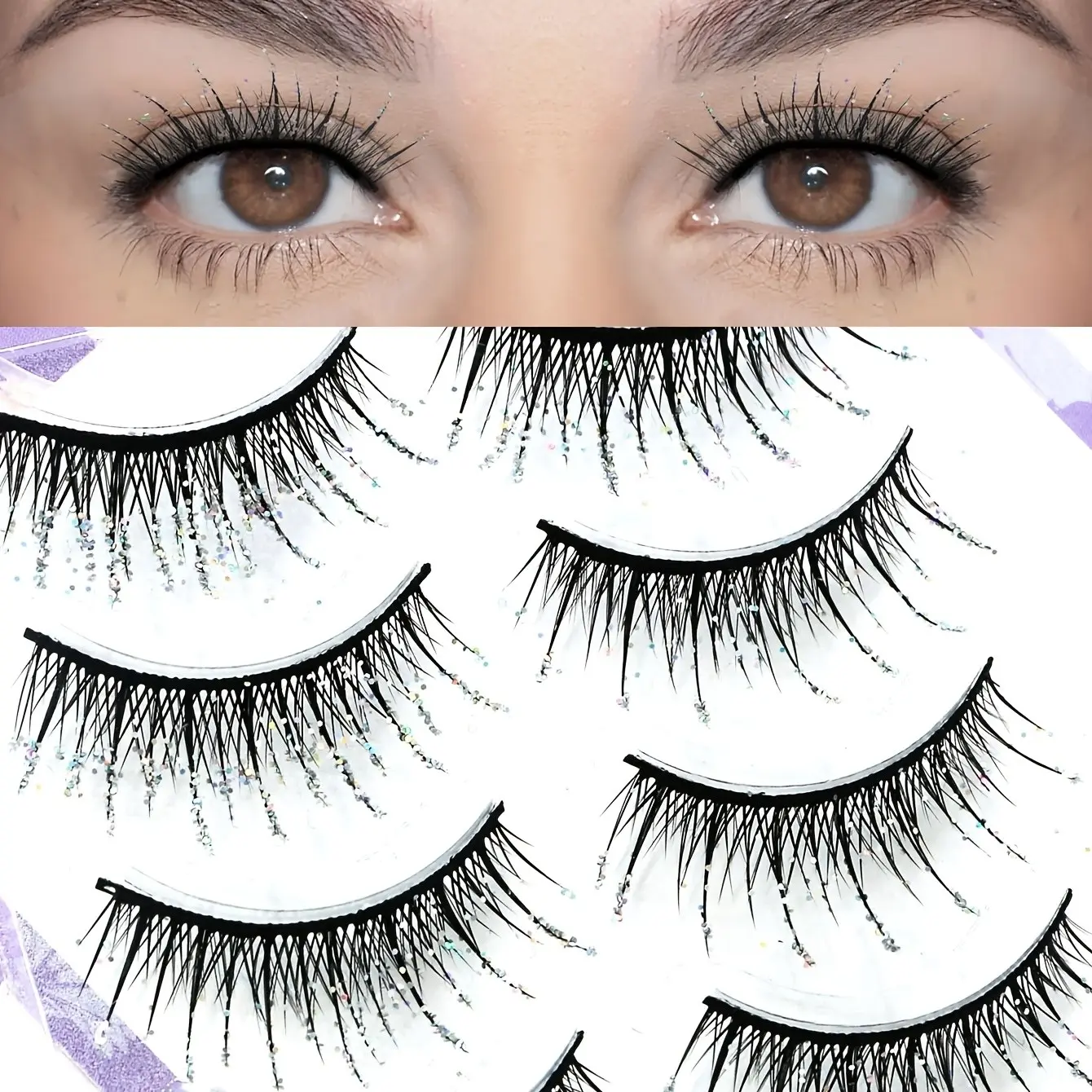 5 pairs of broken diamond false eyelashes, cool eye makeup, high-end girl group stage, same style, nightclub, jumping, disco, photography, novice, easy to stick false eyelashes on camera