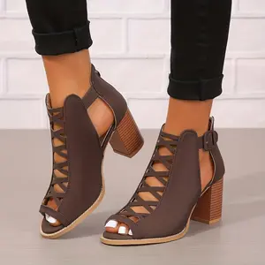 [Brown Faux Ankle Boots High Heel] Elegant Women's Brown Faux Cover Ankle Boots - Peep Toe with Chunky Heel, Crisscross Straps & Buckle Closure - Comfortable Pumps with Rubber Sole, High Heel Boots