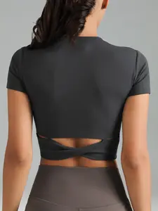 Colorfulkoala Dreamlux Short Sleeve Cropped Workout Shirt with Crisscross Back, Black, Versatile Design for Various Outfits