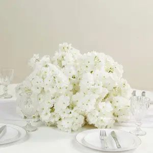 20" Pre-Arranged Artificial Cherry Blossom Centerpiece, White Silk Flower Ball Arrangement for Wedding & Event Tables