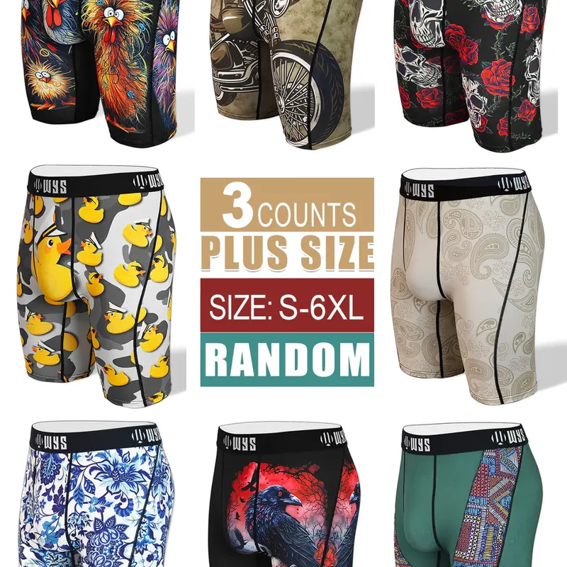 Men's Long Brief Underwear, Stretchy Boxer Briefs, Printed Boxer Briefs, Casual Boxer Briefs, 3-Pack Multi-Color, Halloween Skull Wolf Motorcycle Design, Moisture-Wicking, Anti-Chafing, Quick-Dry, Breathable, Boxer Briefs Set