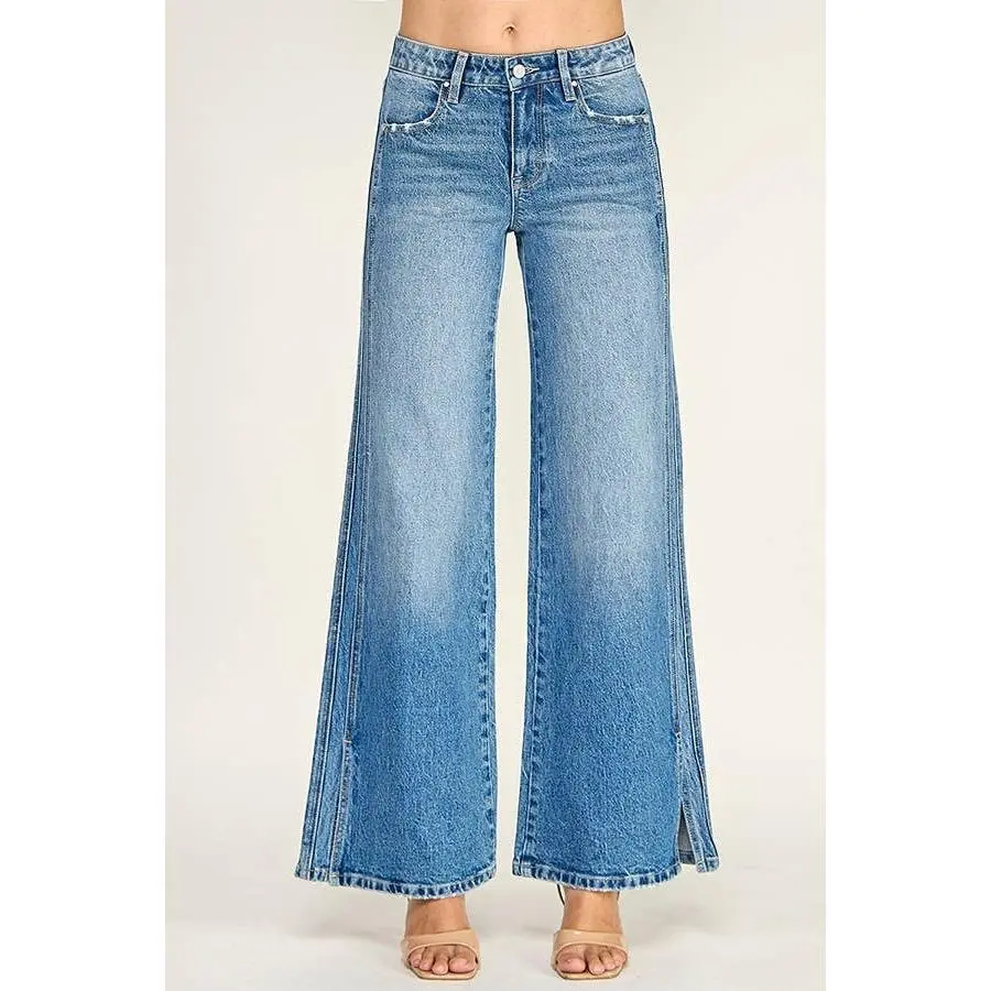 Mid Rise Wide Leg Jeans with Side Seam Detail — Medium Wash