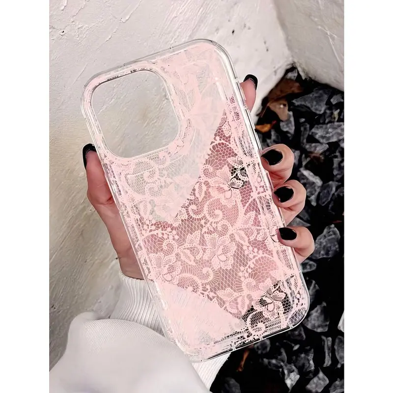 Shock-Absorbing Air Cushion Transparent Pink Plaid Lace Pattern Phone Case, Personalized Protective Cover Compatible With iPhone 18 ProMax,18/17/16/15/14 Plus/13/12/11/X, Air, Series,International Version, Not The Domestic Version