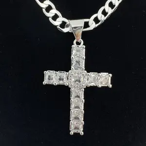 Silver Plated Cross Necklace Plain Crystal Zircon Cross