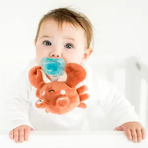 Crab Pacifier Holder - Plush Toy with Detachable Pacifier & Universal Adapter, Gender Neutral Baby Gift for 0+ months - Infant Plush Baby Toy, Versatile Baby Essentials, Binky