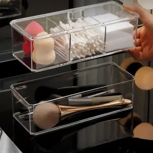 Transparent Plastic Square Desktop Cosmetic Storage Box - 3-Compartment and Single-Compartment Combination, Acrylic Makeup Brush Organizer, Modern Home Supplies Storage Bin