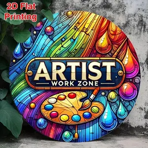 2D Flat Round Aluminum Vintage Artist Work Zone Sign, Wall Art for Home Office Coffee Themed Decor, Wall Decor for Home Office