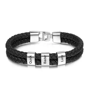 Father's Day Gift Personalized Multiple Names Leather Bracelet for Men, Custom Engraved Name Beads Double-Row Black Band