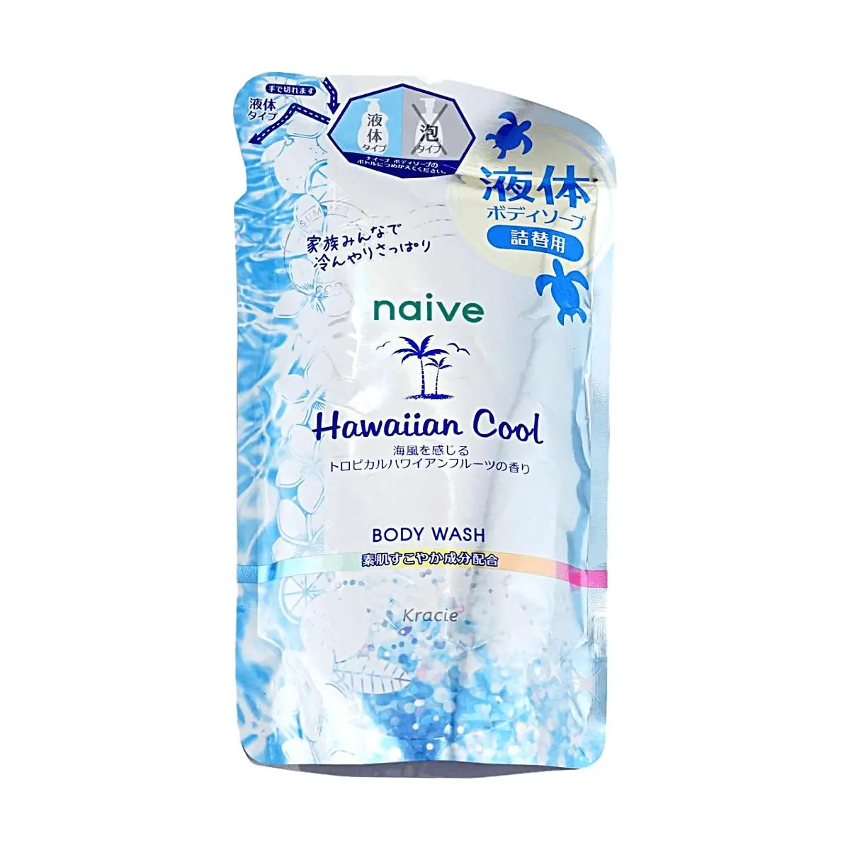 Kracie Naive Body Wash Refill - Hawaiian Cool Sensation - 100% Plant-Based Cleansing - 380ml