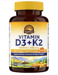 Vitalitown Vitamin D3 K2 Supplement, Vitamin D3 10000 IU Vitamin K2 (MK7) 200 mcg, 90 Softgels, Non-GMO, No Gluten & Soy, for Bone, Teeth, Immune, Heart & Muscle Health - HOT !!!