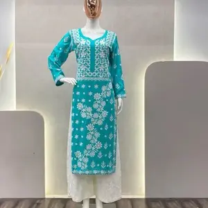 Sky Blue Top and Palazzo With Cotton Thread Embroidery Work in Rayon New Lucknow Chikankari work