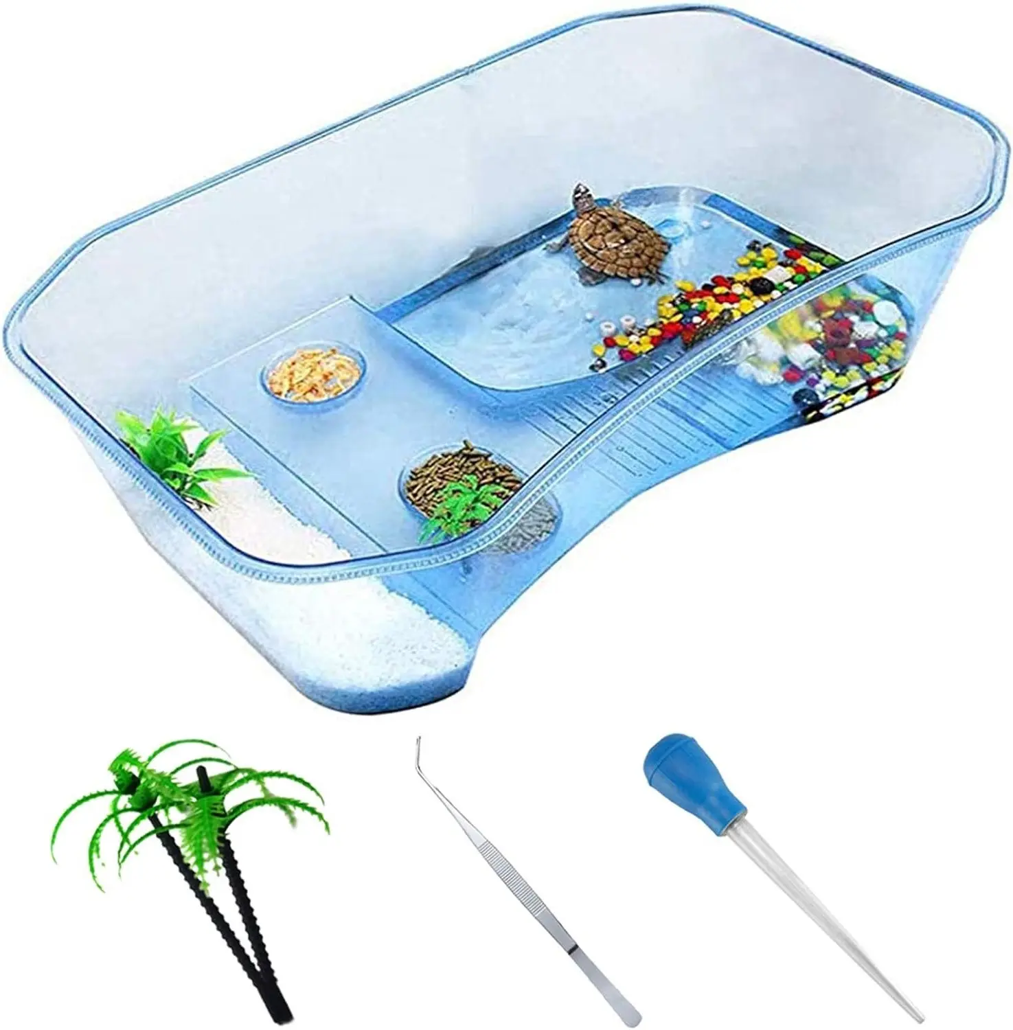 Plastic Turtle Tank Reptile Habitat with Basking Platform and Plants, Durable Safe Non-Toxic Aquarium Terrarium, Blue