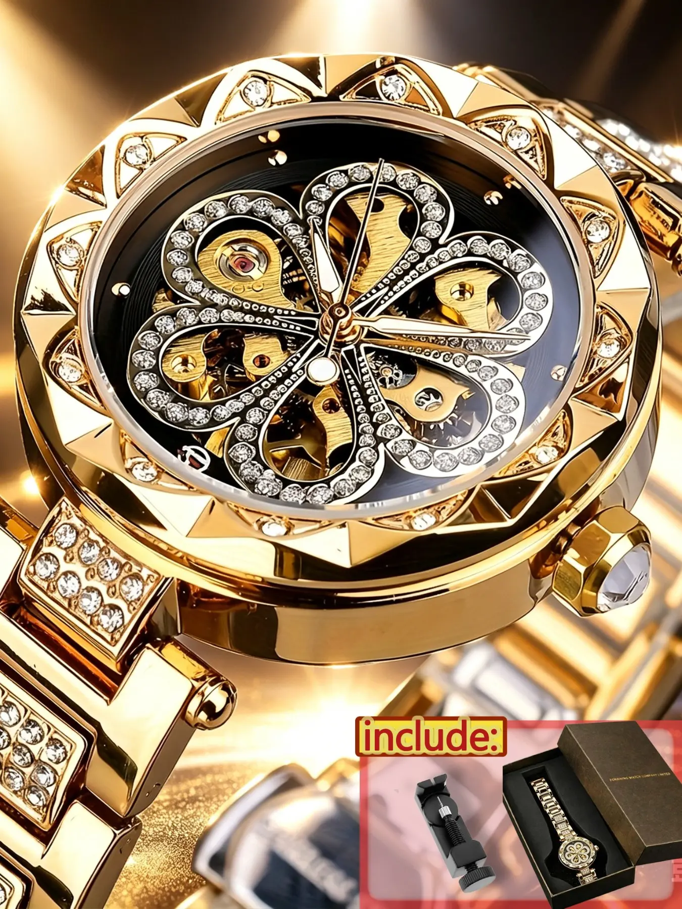 Fashion 30m Waterproof Classic Diamond Forsining Automatic Skeleton Night Light Luxury Women's Mechanical Watch, Gift Box Included