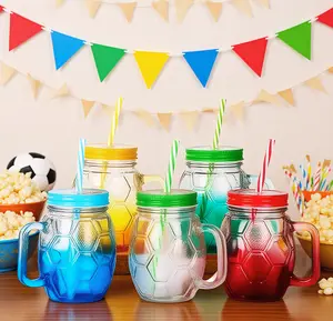 Soccer Ball Glass Mason Jar Cups with Lids & Straws Colorful Party Drink Mugs for Game Day World Cup Watch Parties Birthdays BBQs Summer Gatherings