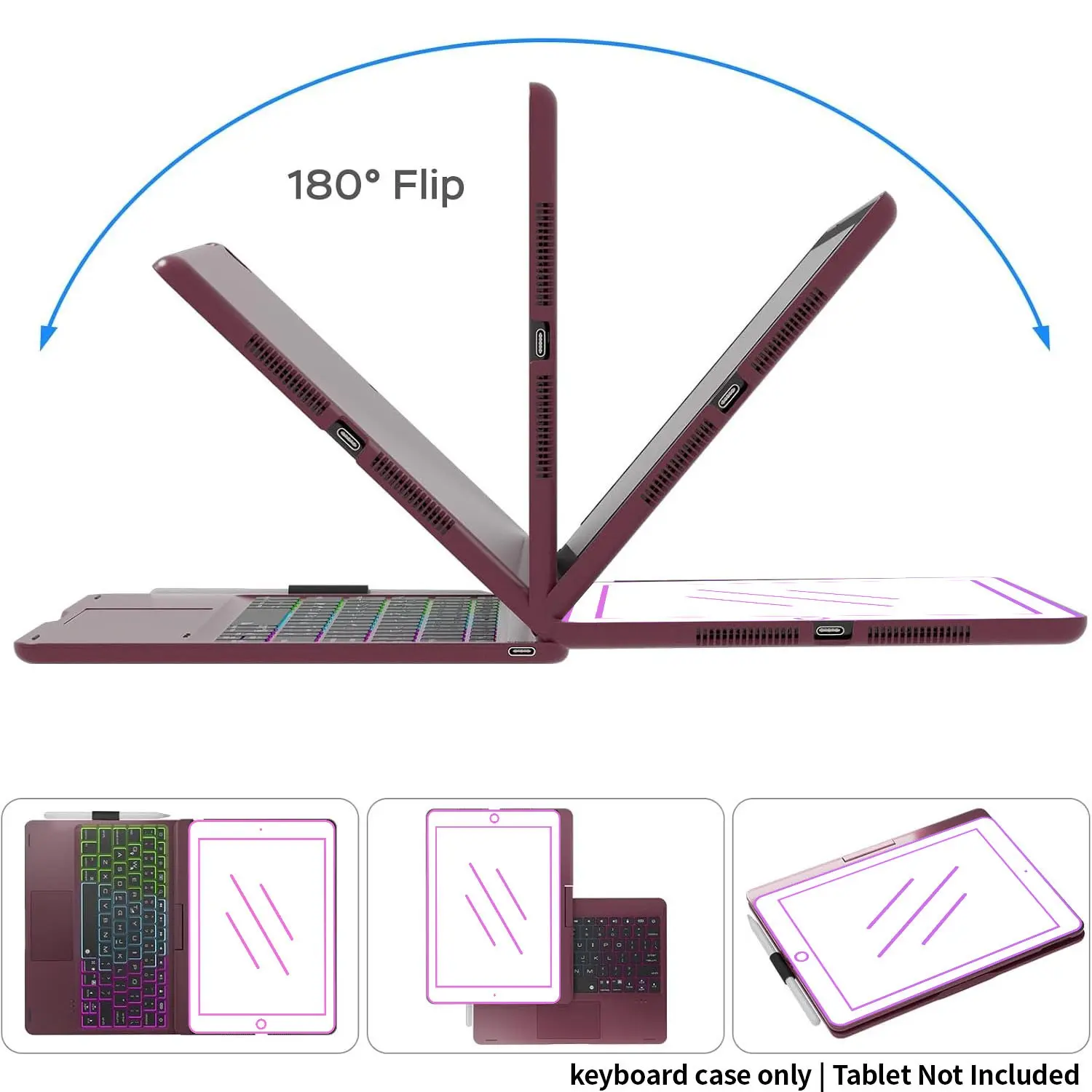 [No Tablet Included] 360° Rotatable RGB Backlit Silent Keyboard Case - Protective Cover for iPad 10.2/10.9/11 Inch, Perfect for Drawing & Binge-Watching, Digital Products