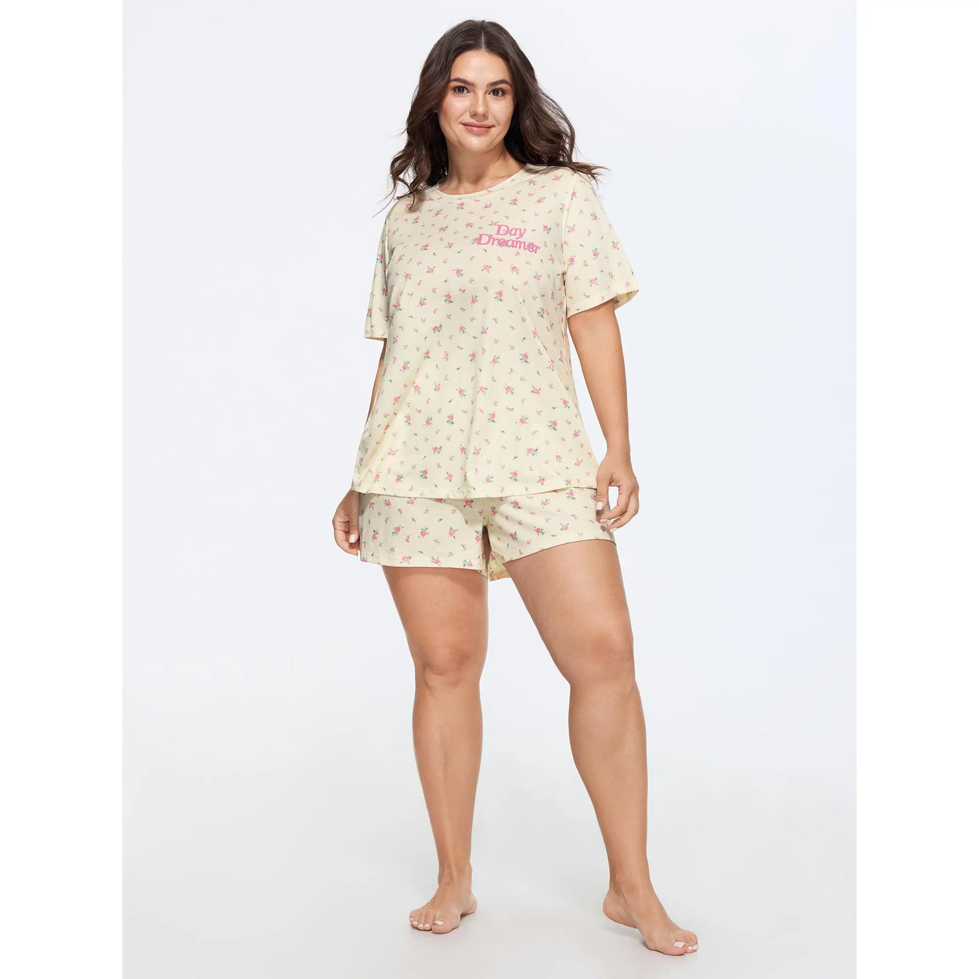 BloomChic Plus Size Supersoft Pajama Set, Stretchy 2-Piece Day Dreamer Short Sleeve Top and Ditsy Floral Shorts Nightwear, Fit, Loungewear, Garment, Plus Size Clothes, Plus Size Sets