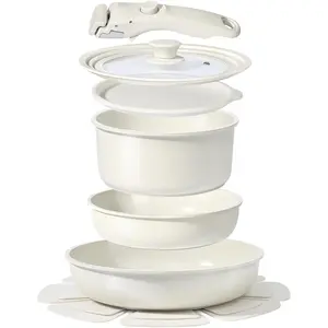 Ceramic Pots and Pans Set Non Stick, Nonstick Detachable Handle Cookware Sets,  Non   PFOA & PTFE Free, Dishwasher &Oven Safe, Induction Kitchen Pot and Pan, 8 count Cream