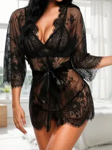 Black Lace Nightwear Robe, Sexy Floral Kimono Lingerie Cover Up, Bra Not Included
