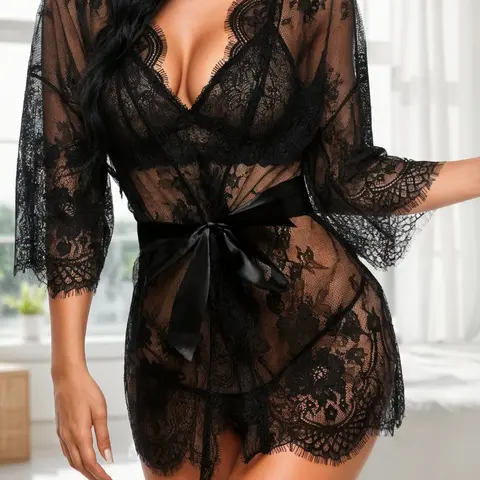 Black Lace Nightwear Robe, Sexy Floral Kimono Lingerie Cover Up, Bra Not Included, Elegant Nightgown for women