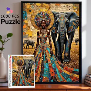 African Queen and Elephant 1000 Pieces Jigsaw Puzzle Relaxing Family Game for Brain Exercise Stress Relief Exotic Culture Art Challenging Adult Puzzle Stunning Wall Décor Meaningful Gift for Friends and Seniors 27.5x20inch 70x50cm Jigsaw Puzzle