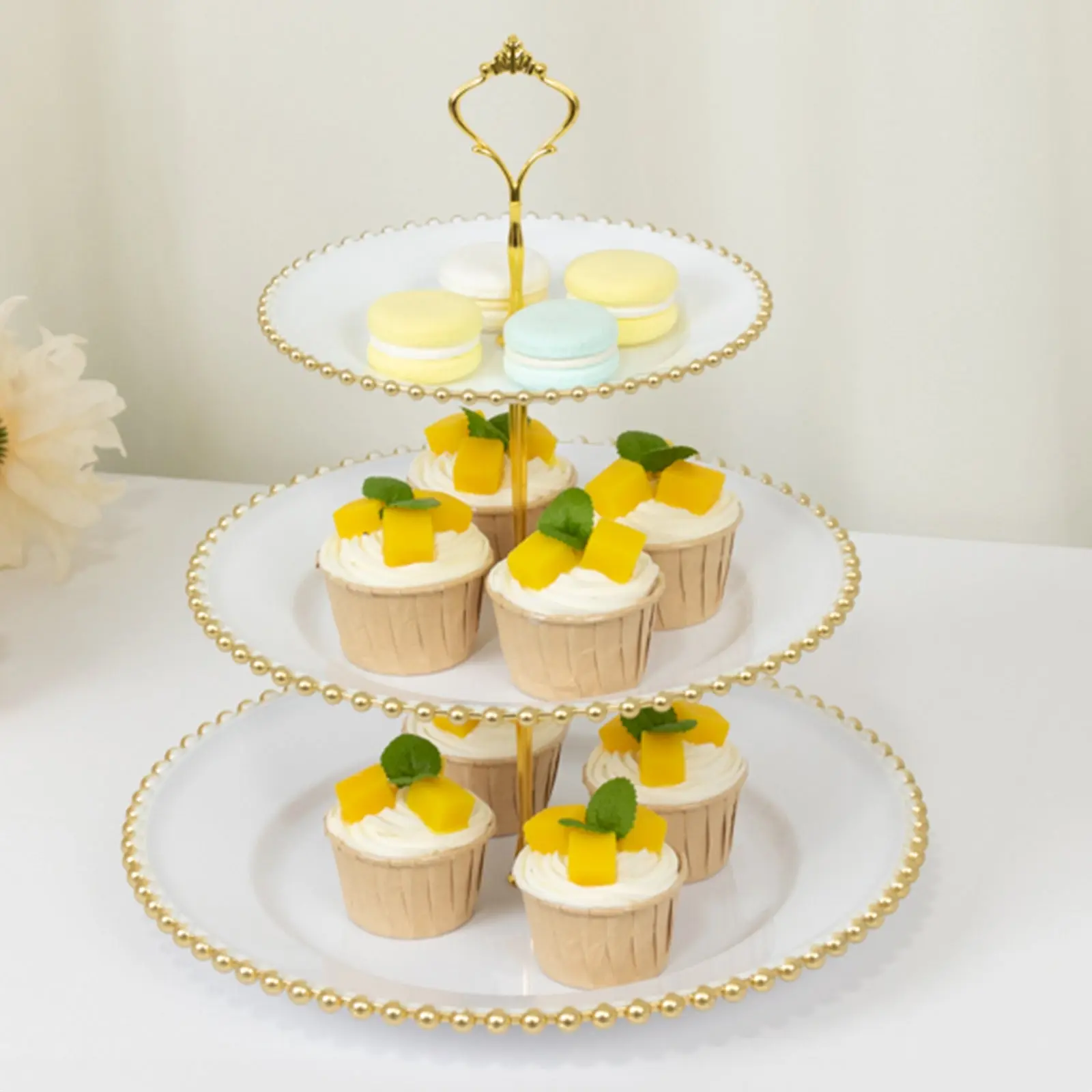 14" White 3-Tier Plastic Cake Stand with Gold Beaded Rim, Sturdy Posts & Top Handle - Cake Decorating Decor for Parties, Round Cupcake Tower Tea Party Serving Platter