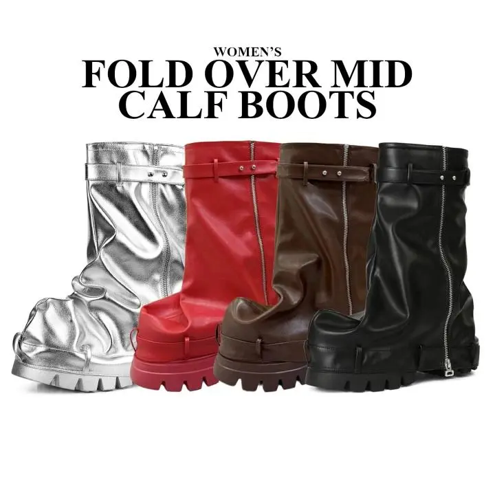 CYNLLIO Womens Fold Over Slouchy Mid Calf Shark Boots Rounded Toe Pleated Chunky Heel Fashionable Side Zipper Comfy Pull On Versatile Platform Boots