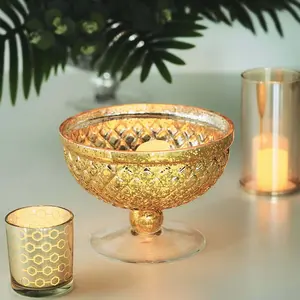 Glass Compote Vase Pedestal Bowl 8" Mercury Gold - Chic Floral Centerpiece for Wedding Decor